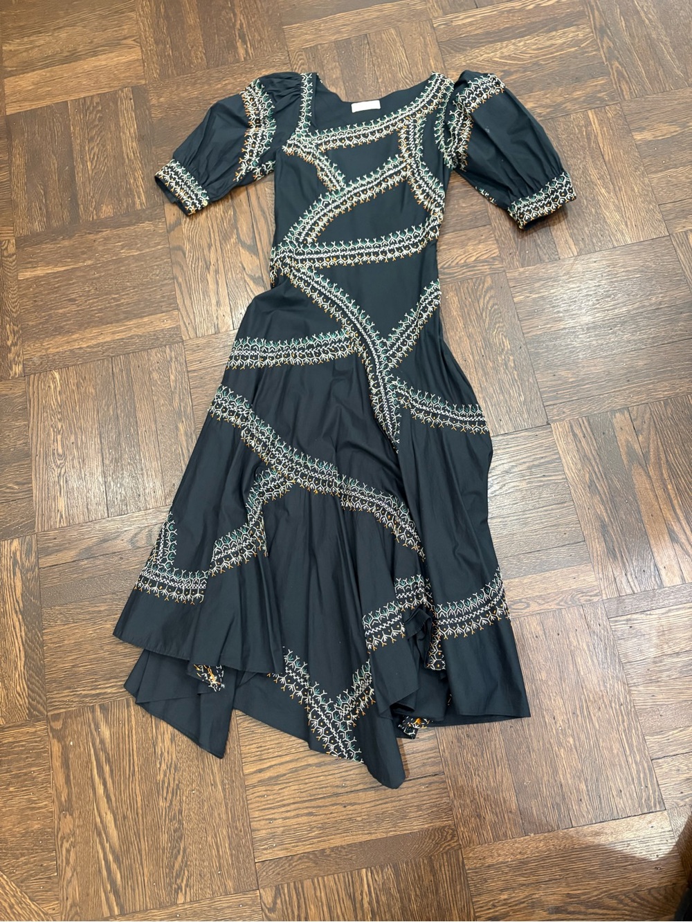 Ulla Johnson Black Embroidered Puff-Sleeve High-Low Dress